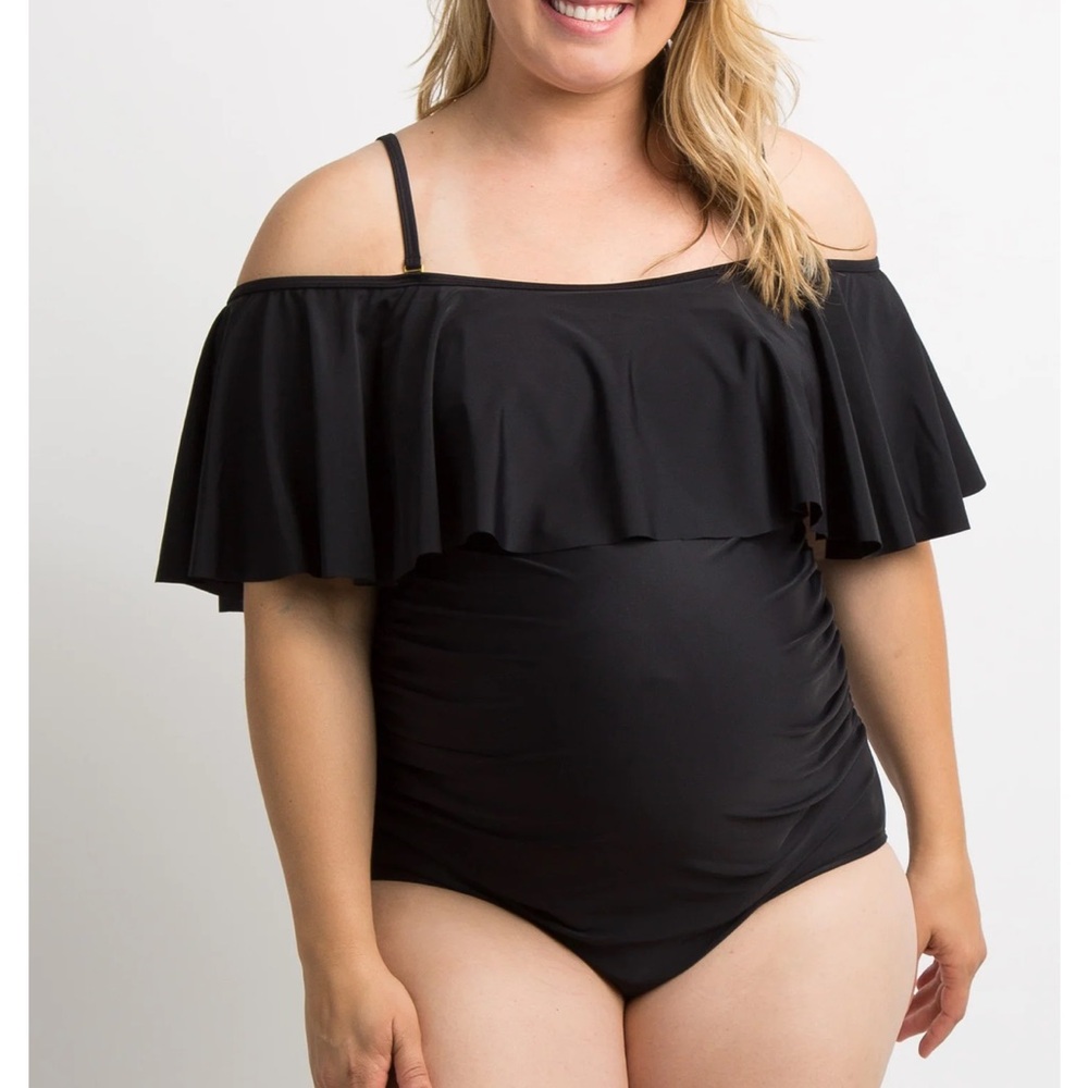 PinkBlush Black Ruffle One-Piece Maternity Swimsuit | Plus Size 2X | Gently Used